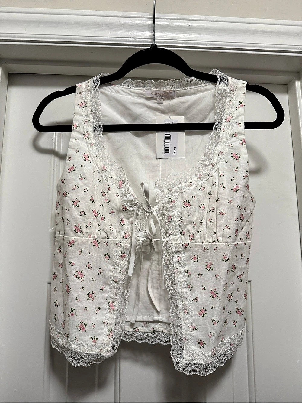 Floral Lace Trim Top in White & Pink Size Small NWT